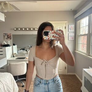 SHEIN Ribbed Cream Tie-Front Crop Top